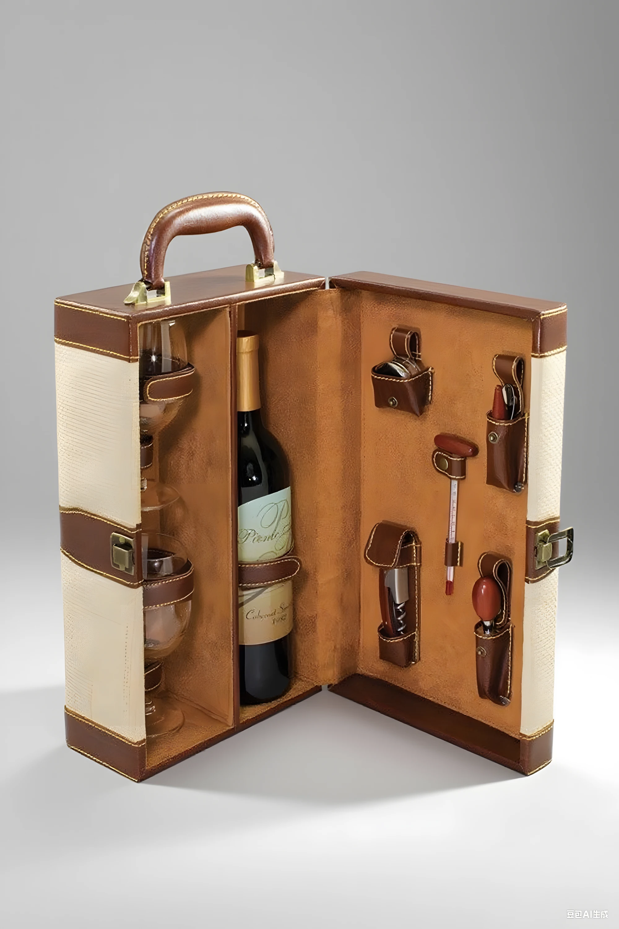 Brown leather wine case with cream woven panels